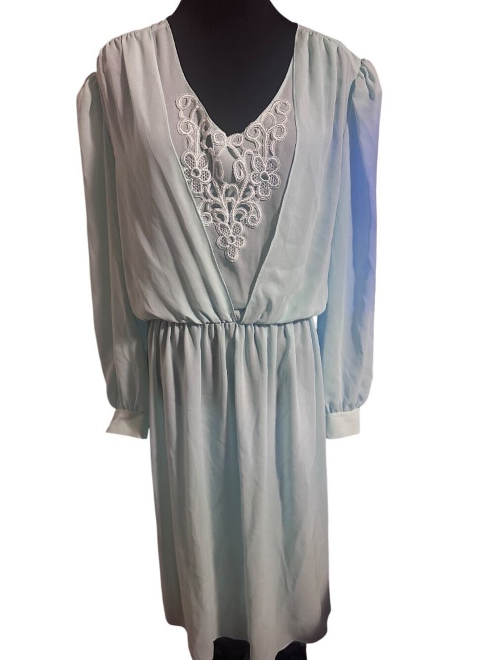 Vintage Toni Todd light blue crochet floral botice dress size 14